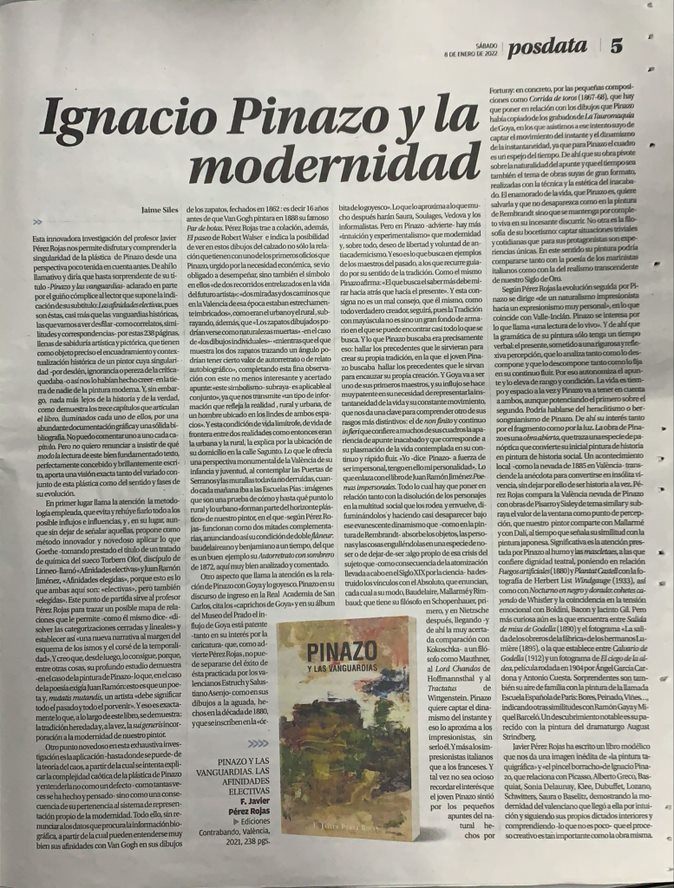 Reseña de Jaime Siles sobre “Pinazo y las vanguardias” de Javier Pérez Rojas en Posdata (Levante EMV) 08/01/2022